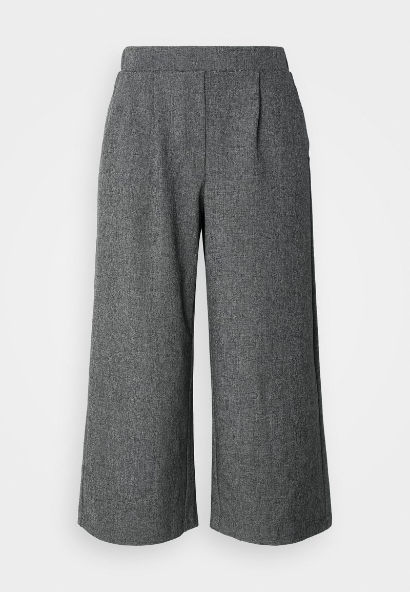 Pantalones de pierna ancha gris en tejido texturizado, con una cintura alta y pliegues frontales, diseñados para un ajuste holgado. Sin bolsillos visibles.