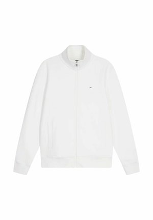 Sweatshirt zippé blanc, fabriqué en tissu doux, avec col montant, poches latérales et un petit logo sur la poitrine gauche. Coupe standard.