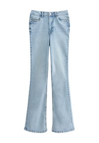 Sv�ětle modré denimové džíny s vysokým pasem, zapínáním na knoflík a zip, předními a zadními kapsami a mírně rozšířenými nohavicemi.