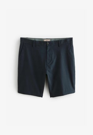 Marineblå shorts lavet af et glat stof, med to sidelommer, en frontlukning med knap og en ren, skræddersyet pasform.