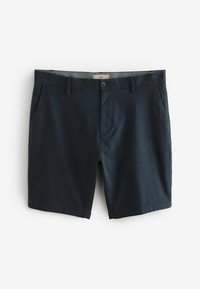 Shorts pour homme bleu foncé avec passants de ceinture, poches latérales, fermeture par bouton et braguette zippée, présentés sur fond blanc.