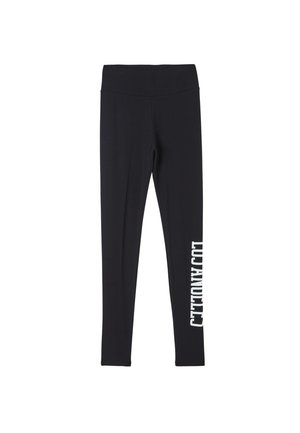 Leggings neri con una vita alta, realizzati in materiale elastico. Presentano del testo bianco che scorre verticalmente lungo la gamba sinistra.