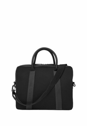 Zwarte gestructureerde aktetas met twee bovenhandvatten, afneembare schouderriem en verticale leren accenten met de opschrift "CERRUTI 1881".