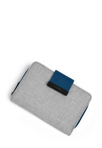 Gray textured fabric wallet with a blue strap and zipper, rectangular shape, and brand name embossed on the black clasp.