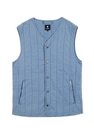 Gevoerde blauwe vest met een V-hals, knoopsluiting en zijzakken; heeft verticale stiksels en een merketiket aan de binnenkant.