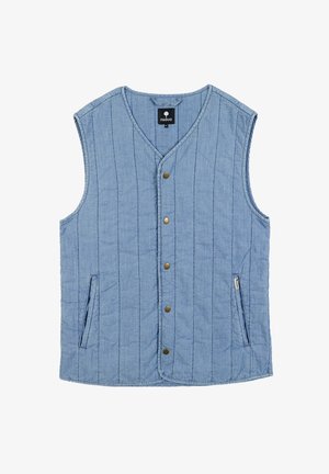 Gevoerde blauwe vest met een V-hals, knoopsluiting en zijzakken; heeft verticale stiksels en een merketiket aan de binnenkant.