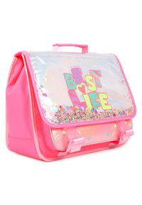 Sac à dos rose avec un devant transparent, décoré de paillettes colorées et du texte « BEST LIFE ». Texture lisse, bretelles et poignée solides.