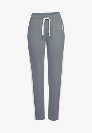 Graue Sweatpants mit einem weißen Seitenstreifen, elastischem Bund und verstellbarem Kordelzug. Hergestellt aus weichem Stoff, mit einem Logo am Bein.