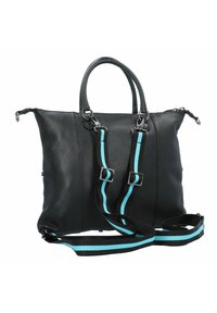 Borsa a mano in pelle nera con finitura testurizzata, manici superiori e tracolla staccabile e regolabile con strisce turchesi e nere.