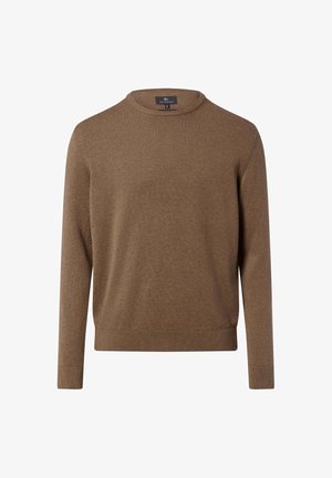 Brauner gestrickter Pullover mit rundem Ausschnitt, langen Ärmeln sowie gerippten Bündchen und Saum. Weiche Textur mit glatter Oberfläche.