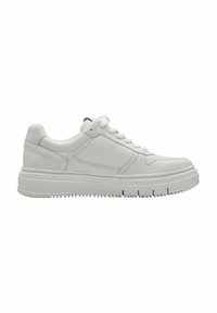 White leather sneaker with a rounded toe, lace-up front, padded collar, and a thick, textured rubber sole. Smooth surface with subtle accents.