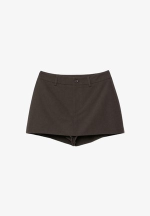 Dark brown high-waist shorts with a single button, belt loops, and a smooth front, displayed against a white background.