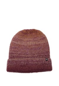 Gorro de punto en tonos degradados de rosa y morado, con un borde doblado y un pequeño parche con el logotipo para la marca.