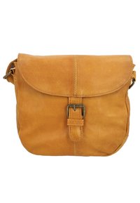 Tasche aus tanfarbenem Leder in Crossbody-Form mit Klappenverschluss, Schnallen-Detail und strukturiertem Oberflächenmaterial. Verfügt über einen verstellbaren Tragegurt und ein minimalistisches Design.