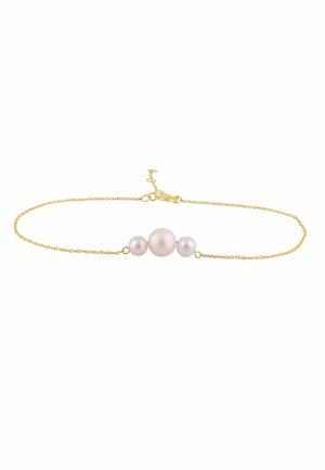 Fint guldkædearmbånd med tre runde perler i midten, med en karabinlås og justerbar forlængerkæde.