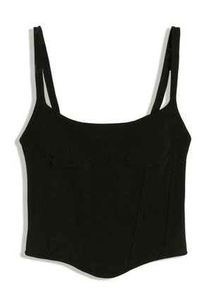 Crop top noir moulant sans manches avec encolure carrée et bretelles doubles, avec des détails de couture subtils.