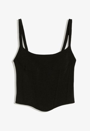 Crop top noir moulant sans manches avec encolure carrée et bretelles doubles, avec des détails de couture subtils.