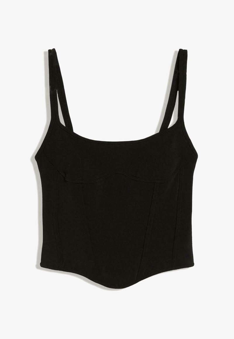 Crop top noir moulant sans manches avec encolure carrée et bretelles doubles, avec des détails de couture subtils.
