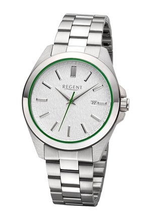 Montre-bracelet en acier inoxydable avec cadran argenté, aiguille des secondes et anneau verts, index des heures argentés et affichage de la date réglé sur 22.