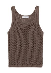 Top marrone lavorato a maglia con un motivo a punti larghi, spalline larghe e scollo arrotondato, con un orlo dritto.