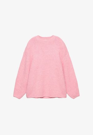 Light pink knit sweater with a round neckline, long sleeves, and a relaxed fit. Soft texture with ribbed detailing at the neckline and hem.