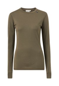 Olijfgroene shirt met lange mouwen, gemaakt van zachte stof, met een ronde halslijn en een klein logo-accent op de schouder.