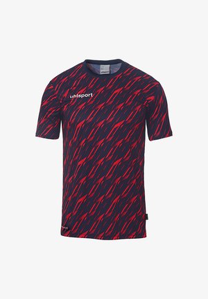 Rød og navy kortærmet sportsjersey med et diagonalt mønster, lavet af åndbart stof med rund hals og logoaccent.