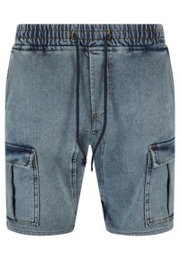 Denim šorti ar elastīgu jostasvietu, auklu un divām sānu kabatām. Gaiši zila krāsa ar smalkiem izbalējumiem un šuvju detaļām.