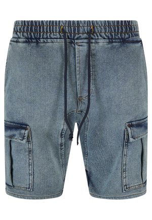Denimshorts met een elastische tailleband, trekkoord en twee zijvakken. Lichtblauwe kleur met subtiele vervaging en stikdetails.