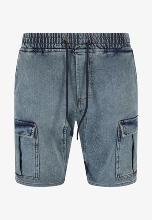 Denim lühikesed püksid elastse vöökohtaga, paelaga ning kahe külje cargo-taskuga. Hele sinine värv koos kerge pleekimise ja õmblusdetailidega.