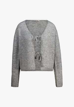 Cardigan grigio lavorato a maglia con scollatura a V, apertura frontale e dettaglio con fiocco al centro. Maniche lunghe e design cropped. Texture morbida.