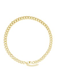 Collana in tonalità oro con maglie intrecciate, superficie liscia e chiusura con catena allungata per una lunghezza regolabile.