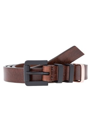 Brown leather belt rolled with a matte black square buckle and two black loops, plus one metallic rose gold loop near the end.