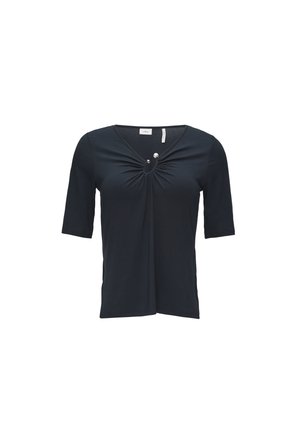 Ciemnoniebieska koszulka z miękkiego materiału, z dekoltem w kształcie litery V, krótkimi rękawami oraz centralnym marszczeniem z ozdobnymi guzikami.