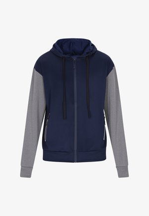 Marineblå og grå zip-up hættetrøje med hætte, sorte snører, sidelommer med lynlås og kontrasterende ærmer, lavet af glat, letvægtsstof.
