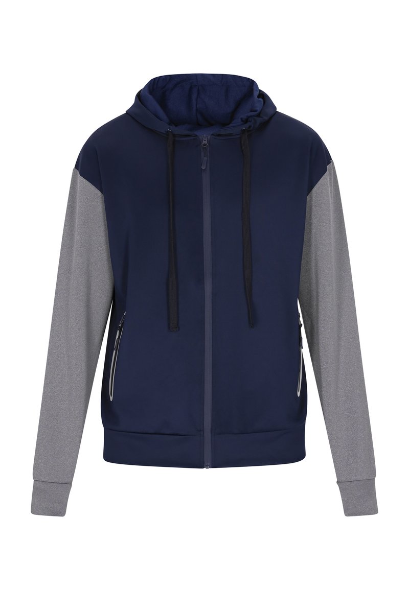 Marineblauer und grauer Zip-Hoodie mit Kapuze, schwarzen Kordeln, seitlichen Reißverschlusstaschen und kontrastierenden Ärmeln, aus glattem, leichtem Stoff gefertigt.