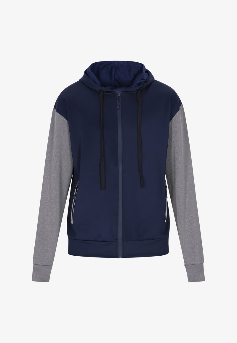 Sudadera con cremallera de color azul marino y gris, con capucha, cordones negros, bolsillos laterales con cremallera y mangas de contraste, fabricada en un tejido ligero y suave.