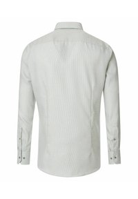 Lichtgroen overhemd met lange mouwen, voorzien van een gestructureerd patroon, met knoopmanchetten en een klassieke kraag. De achterkant toont een getailleerd ontwerp en naadloze constructie.