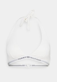 Hvit halterneck bikinitopp med teksturert stoff, justerbar knytning i nakken, og Tommy Hilfiger-merket elastisk bånd under bysten.