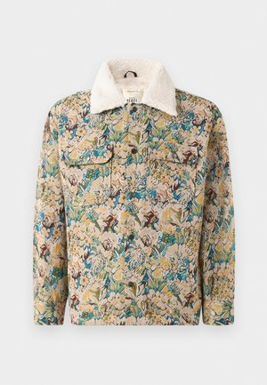 Floral-patterned jacket in cream, blue, and green. Features a white faux fur collar and two chest pockets with button closures.