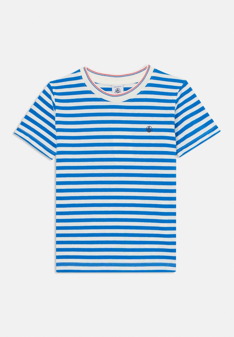 Striped blue and white t-shirt with short sleeves, crew neckline, and a small logo patch on the chest. Cotton material, smooth texture.