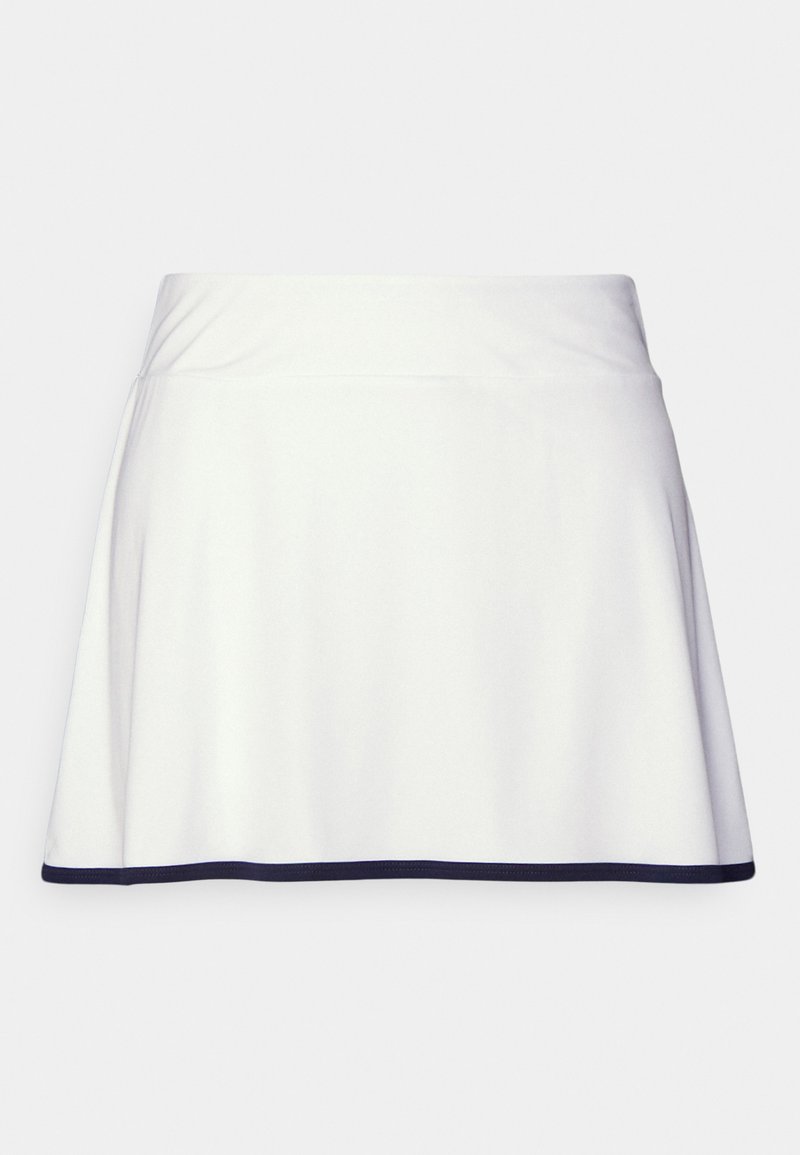 Gonna corta bianca con un design svasato, caratterizzata da una texture liscia, una vita ampia e un bordo blu navy lungo l'orlo inferiore.