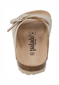 Beige Rutschsandale mit einem Korkfußbett, verstellbarem Riemen und strukturiertem Innenfutter. Mit einem Markenlogo, das auf der Innenseite aufgedruckt ist.
