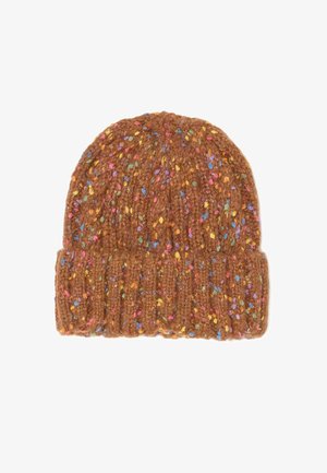 Bruine gebreide beanie met meerkleurige spikkels, ribbelontwerp en een omgevouwen boord aan de onderkant. Gestructureerd oppervlak voor warmte.
