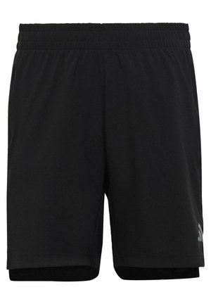 Schwarze Sportshorts mit elastischem Bund und dezentem Logo am unteren rechten Bein, für Sport oder Freizeit konzipiert.