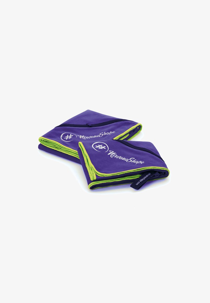 Purple fabric foldable item with green trim. Features white text "#NirvanaShape" and zippers for closure. Compact and lightweight design.