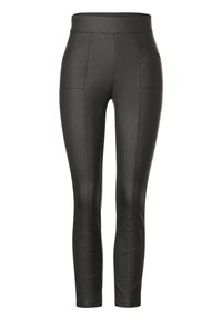 Svarta faux läderleggings med hög midja, med vertikala sömmar och två framfickor, utformade för en slimmad passform.