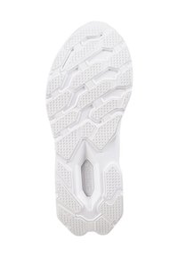 Sola di scarpa da ginnastica bianca con una superficie testurizzata e decorata; presenta forme esagonali e rettangolari per aderenza e durata.