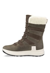 Stivaletto alla caviglia in suede marrone scuro con colletto in pelliccia sintetica beige, pannelli testurizzati e suola in gomma bianca con battistrada pronunciato.