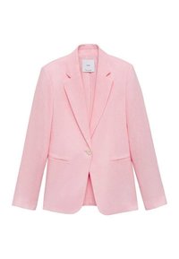 Světle růžový blejzr vyrobený z hladkého materiálu, s klasickou klopou, zapínáním na jeden knoflík a dvěma předními kapsami.